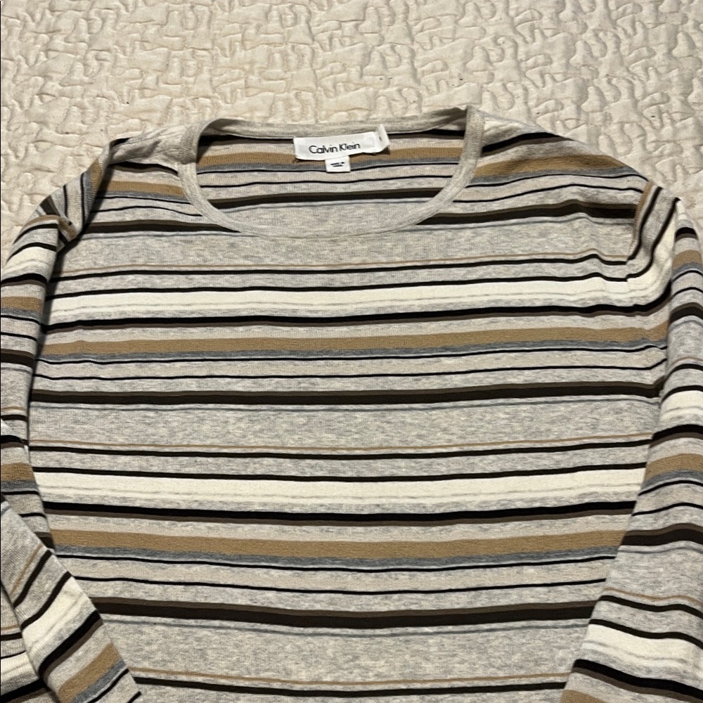 Calvin Klein Striped Crewneck in Gray, White & Brown